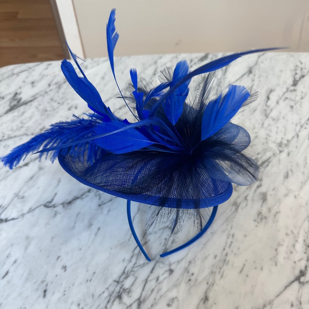 Navy Blue Fascinator With Black Feather Accents
